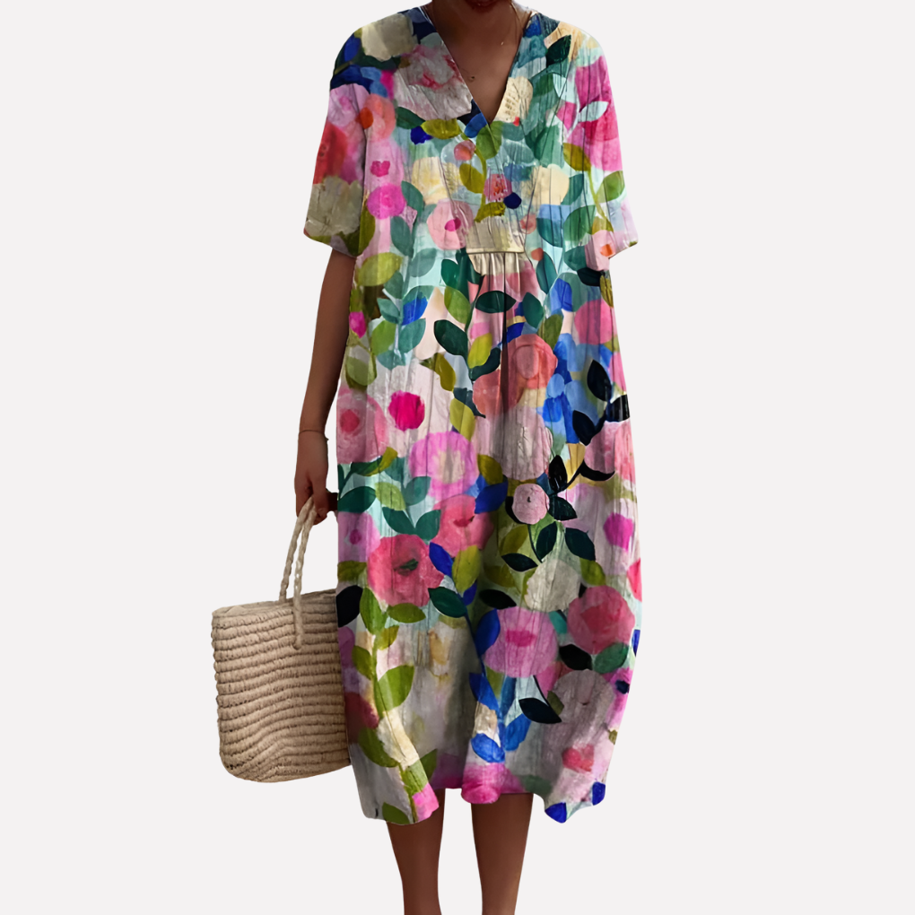 Robe d'été florale pour femmes – Décolleté en V & manches courtes