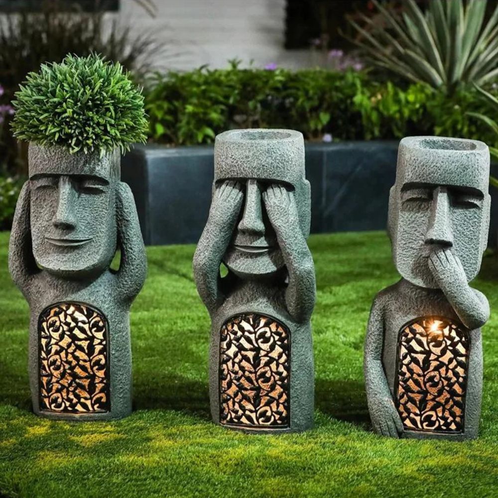 Entendre, voir, parler - Statue de Pot de Fleurs avec LED Solaire