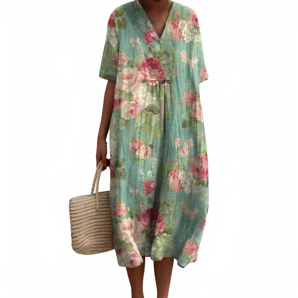 Robe d'été florale pour femmes – Décolleté en V & manches courtes