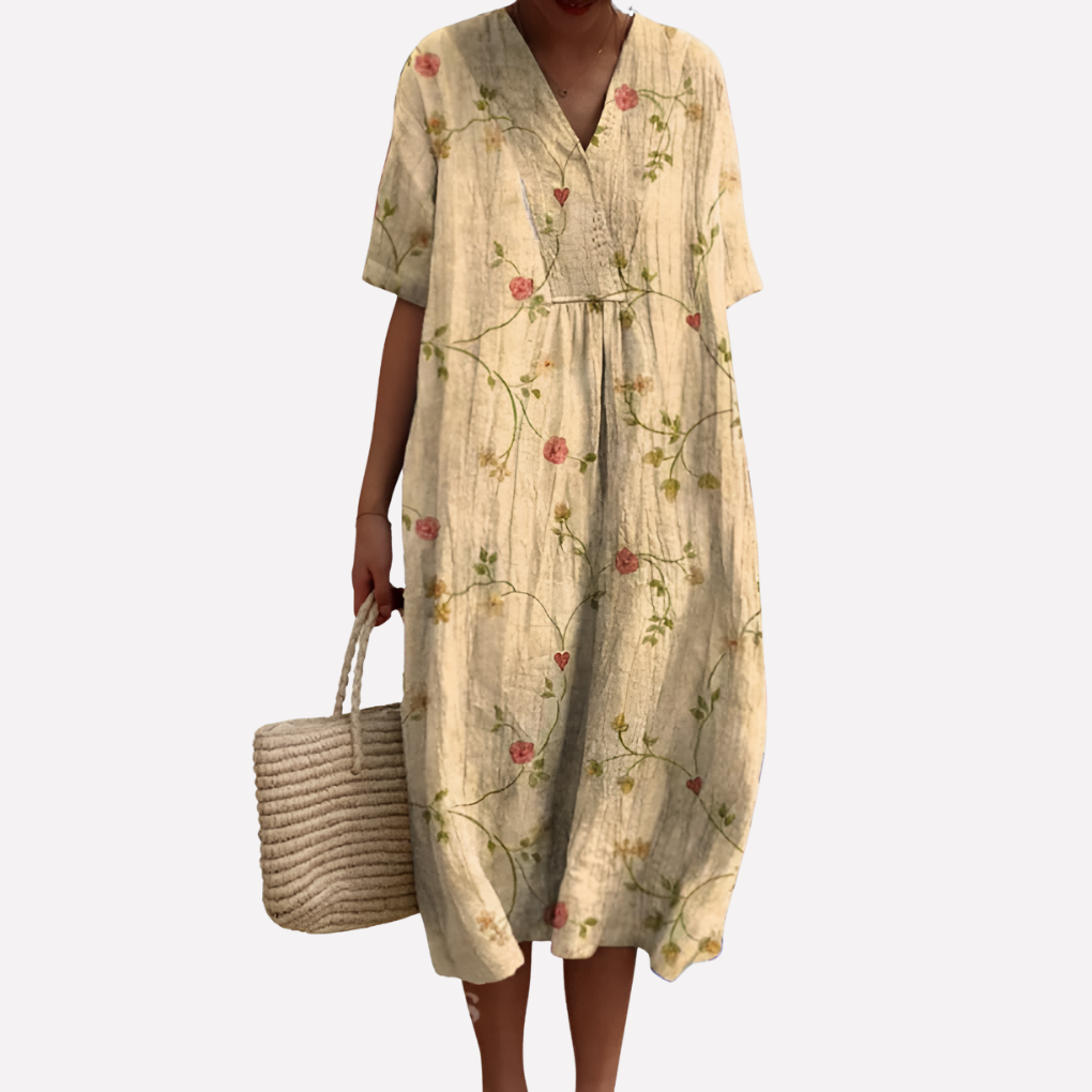Robe d'été florale pour femmes – Décolleté en V & manches courtes