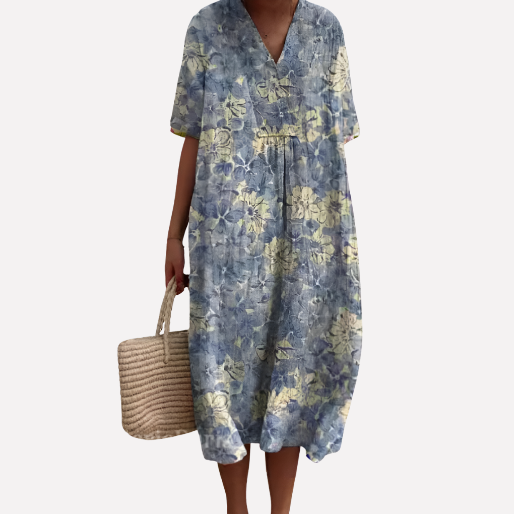 Robe d'été florale pour femmes – Décolleté en V & manches courtes