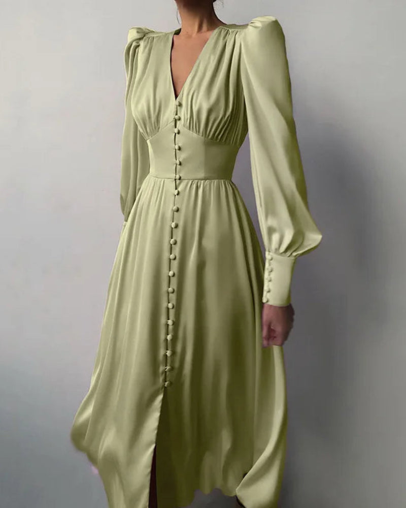 Robe longue élégante en satin à col en V pour femme