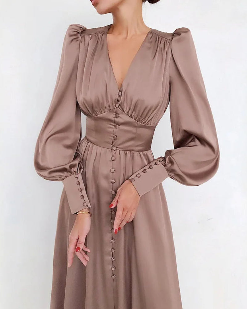 Robe longue élégante en satin à col en V pour femme