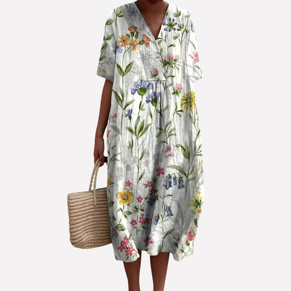 Robe d'été florale pour femmes – Décolleté en V & manches courtes