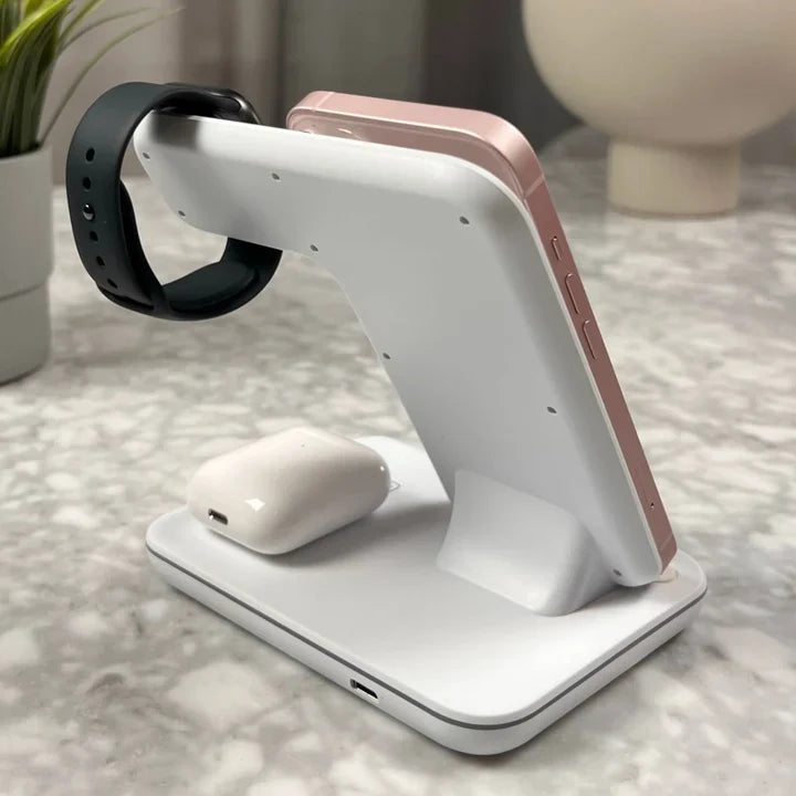 ChargePro - Station de Charge 3-en-1 pour Téléphone, Montre & Écouteurs - Design Minimaliste et Efficace