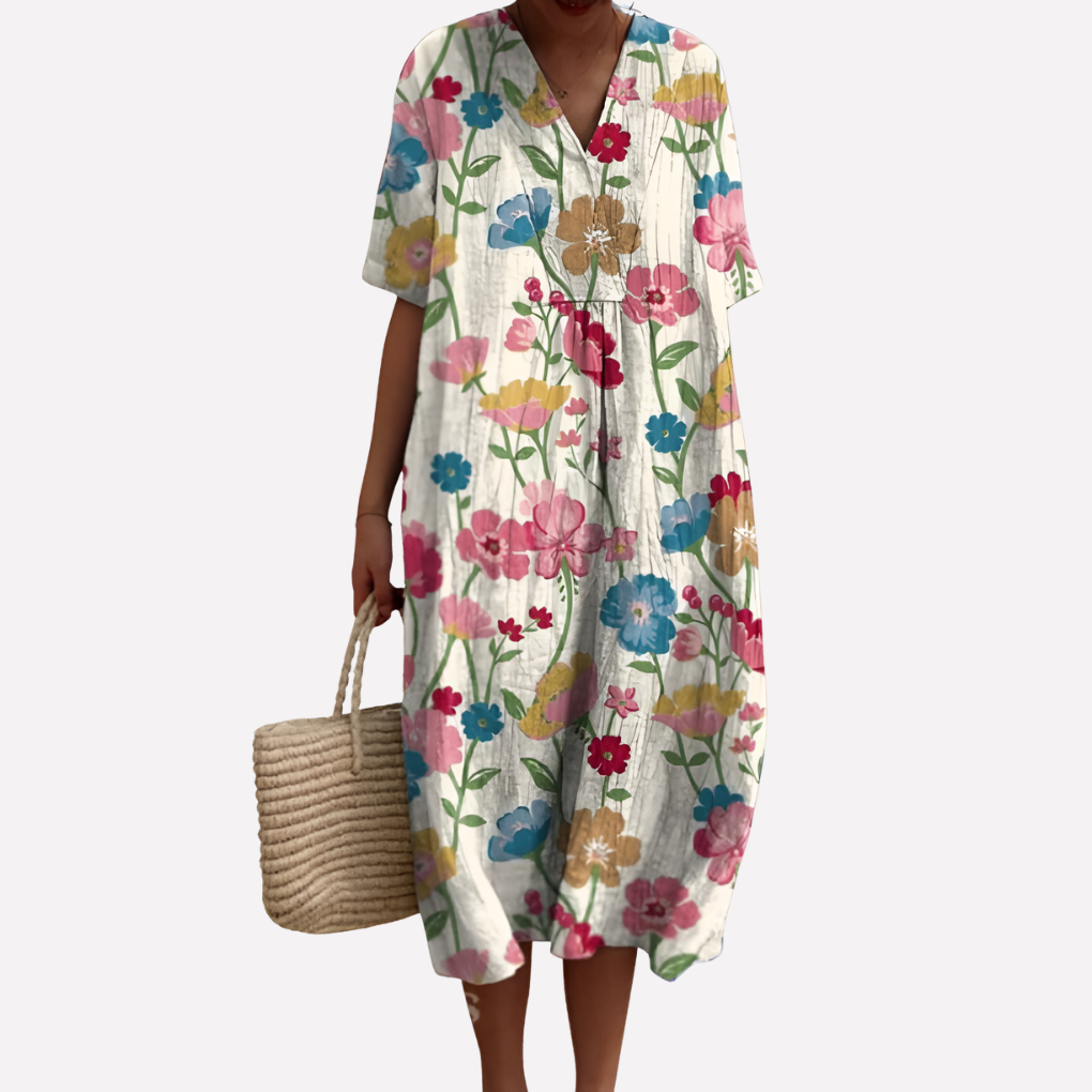 Robe d'été florale pour femmes – Décolleté en V & manches courtes