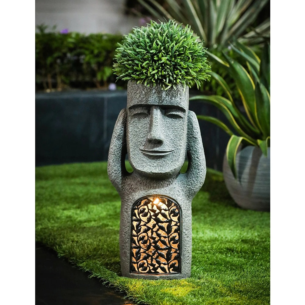 Entendre, voir, parler - Statue de Pot de Fleurs avec LED Solaire