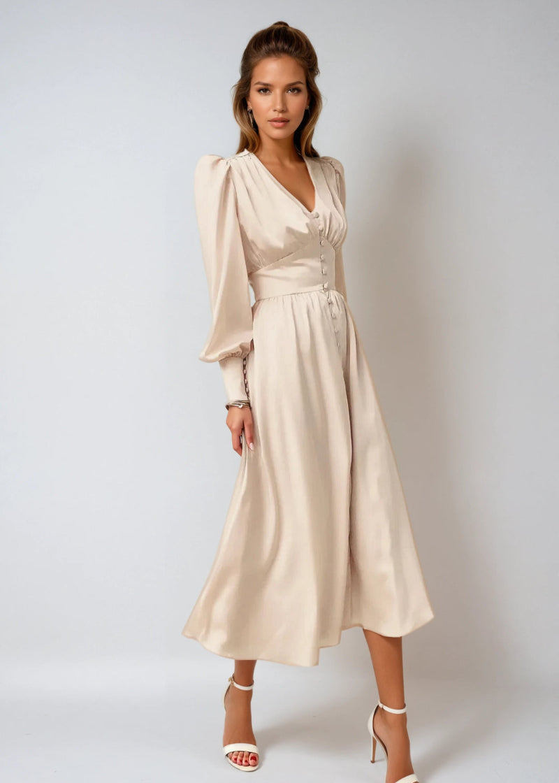 Robe longue élégante en satin à col en V pour femme