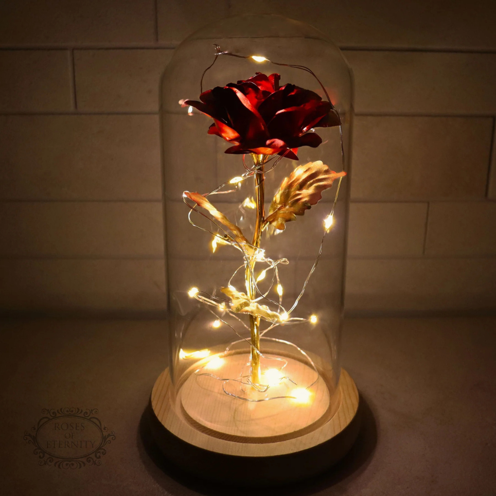 Rose éternelle avec lumière LED sous dôme en verre