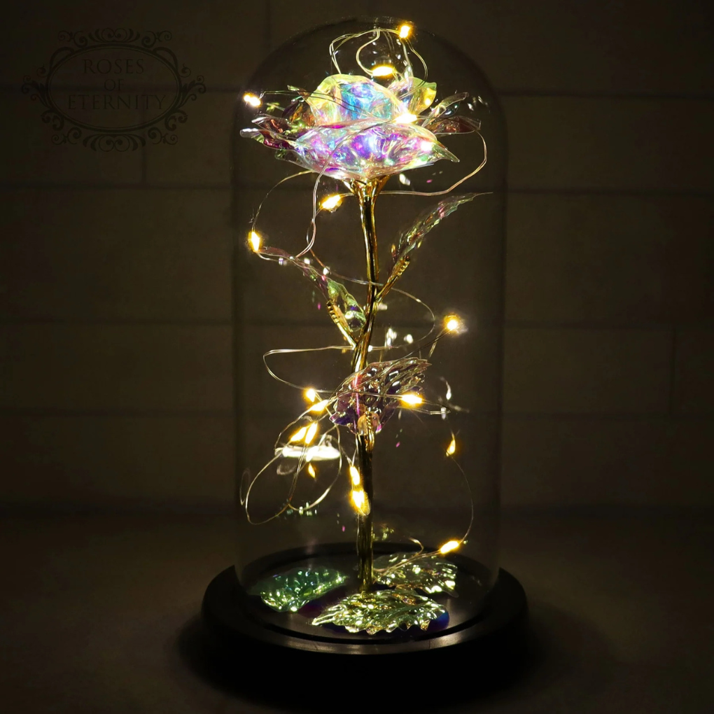 Rose éternelle avec lumière LED sous dôme en verre