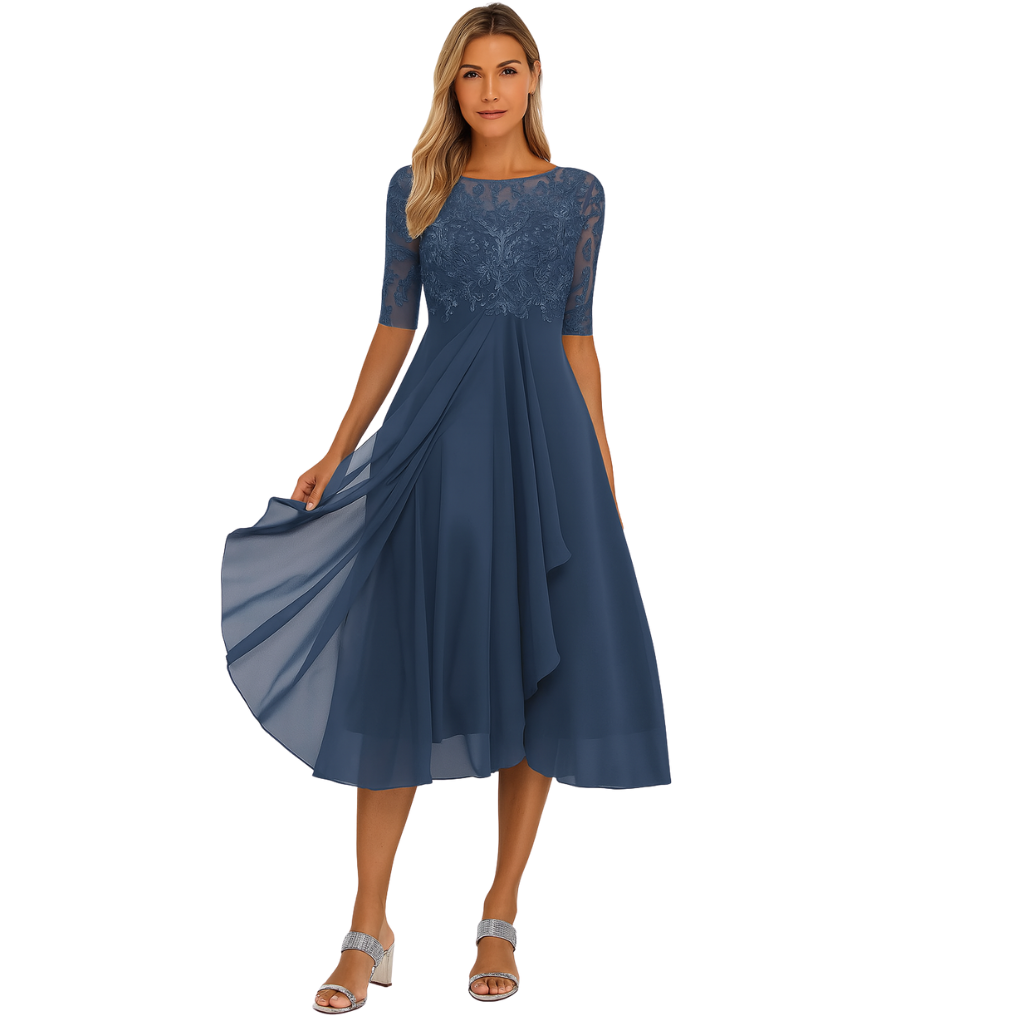 Robe midi en dentelle et chiffon pour femme