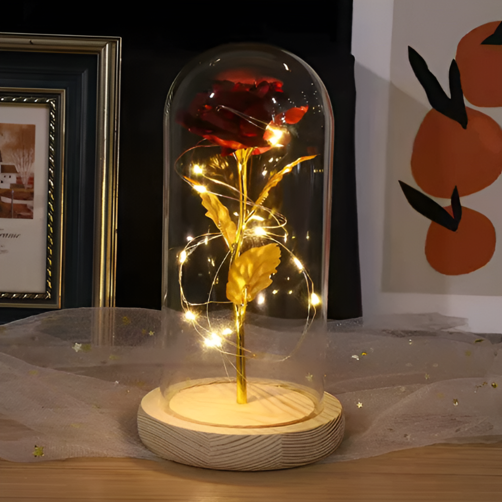 Rose éternelle avec lumière LED sous dôme en verre