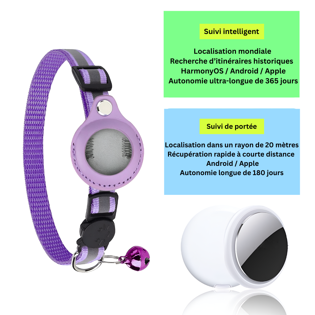 Collier GPS pour chat avec design réfléchissant