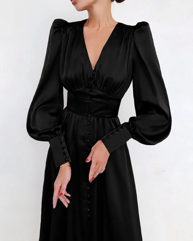 Robe longue élégante en satin à col en V pour femme