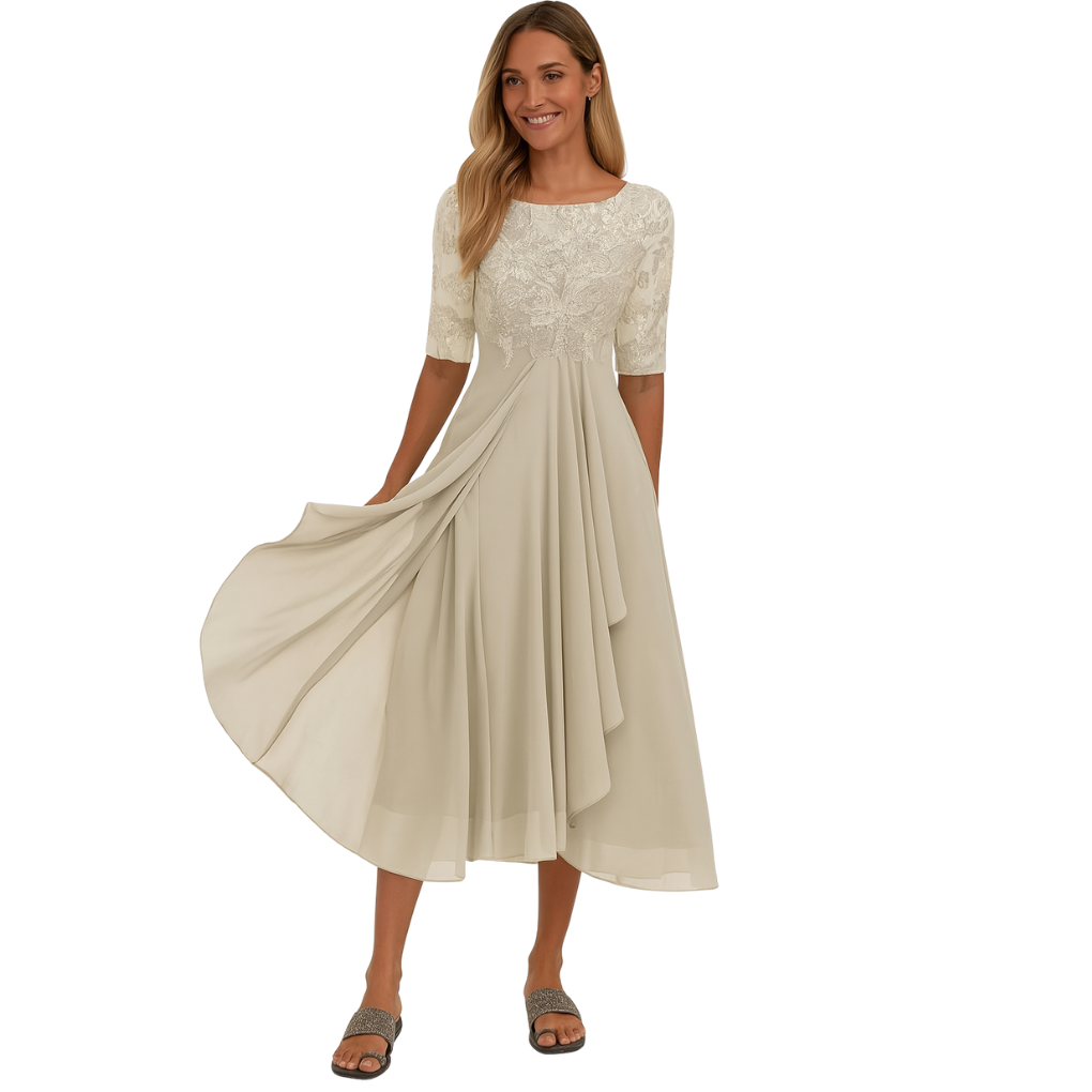 Robe midi en dentelle et chiffon pour femme