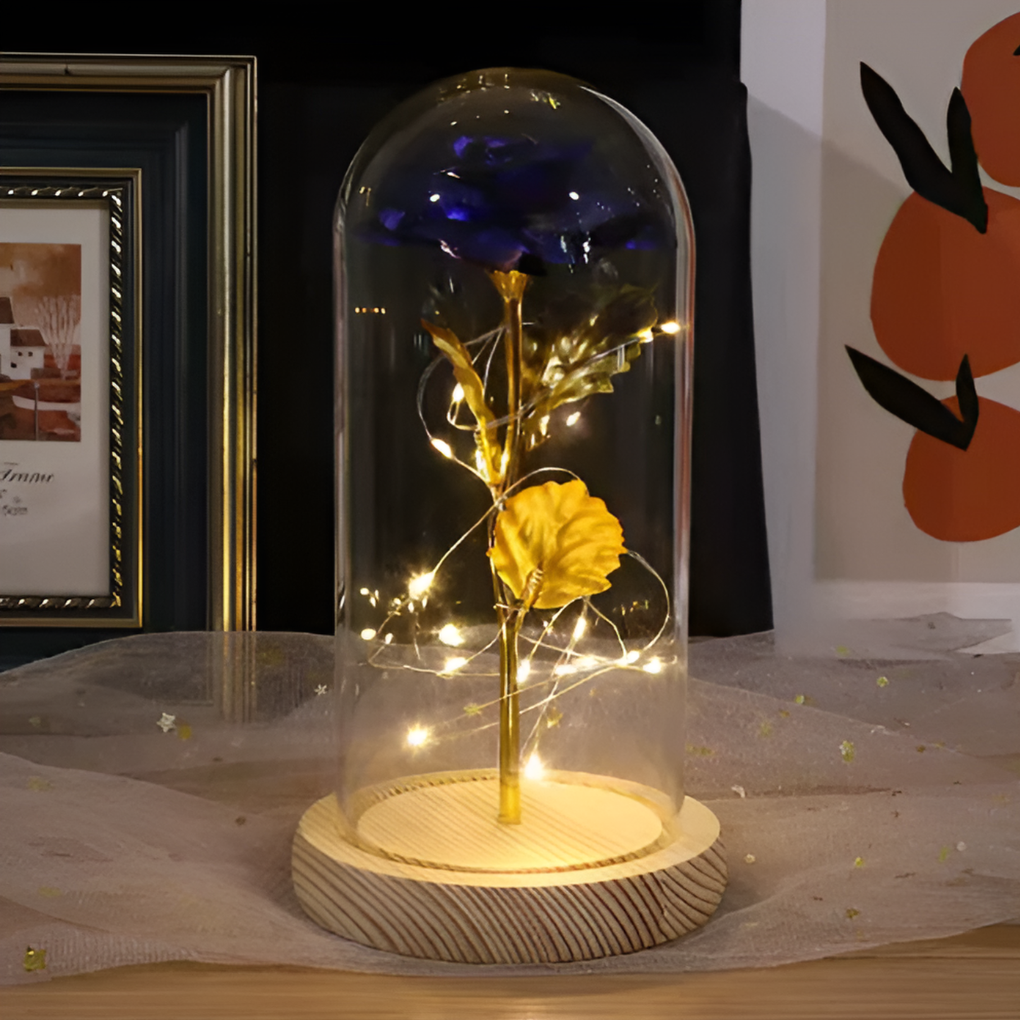 Rose éternelle avec lumière LED sous dôme en verre