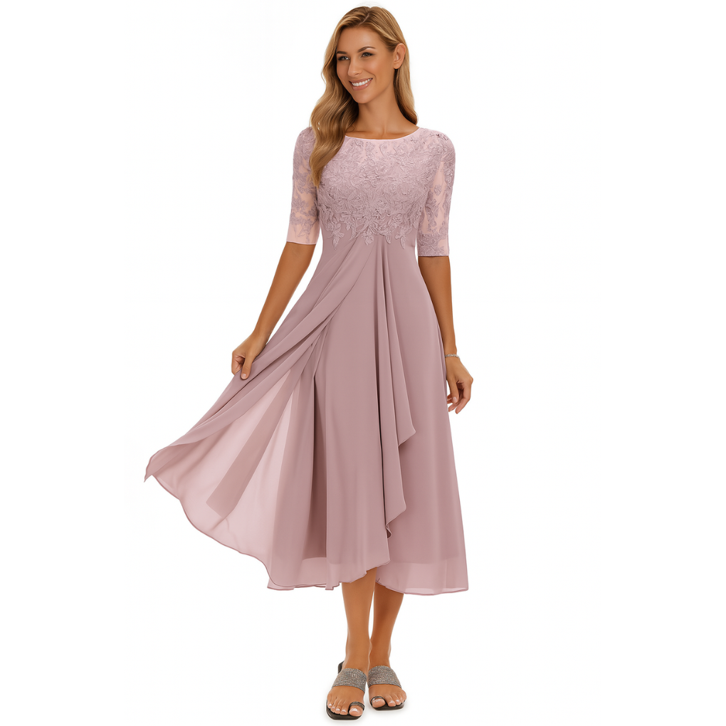 Robe midi en dentelle et chiffon pour femme