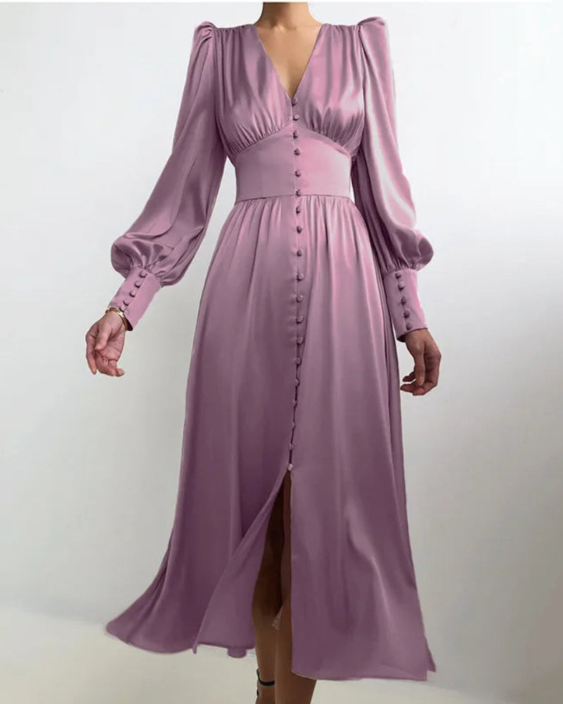 Robe longue élégante en satin à col en V pour femme