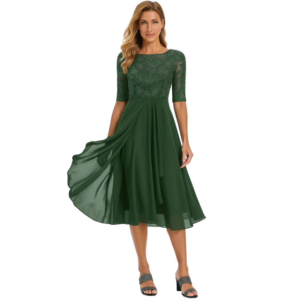 Robe midi en dentelle et chiffon pour femme