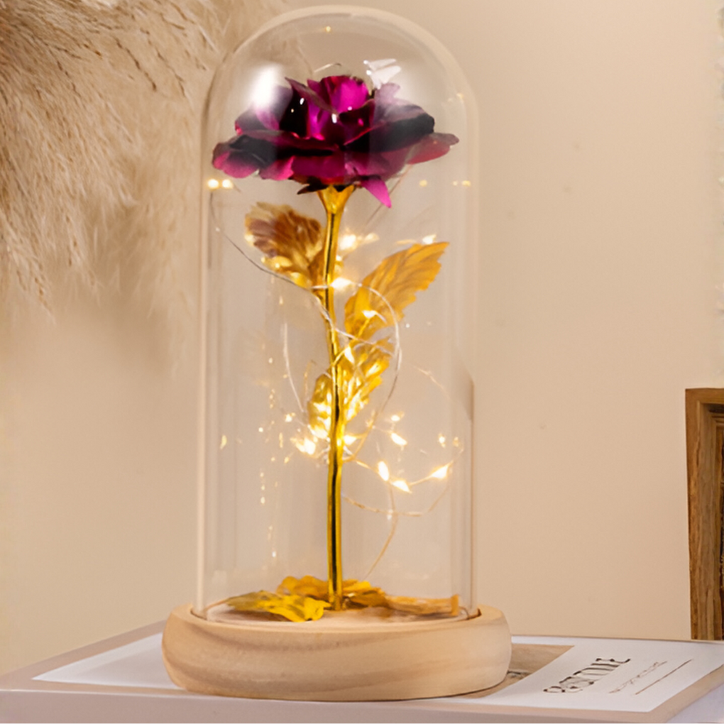 Rose éternelle avec lumière LED sous dôme en verre