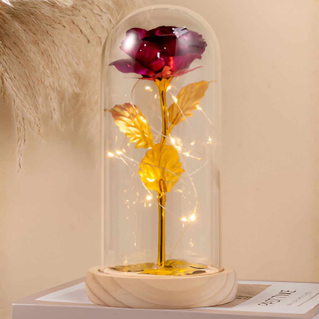 Rose éternelle avec lumière LED sous dôme en verre