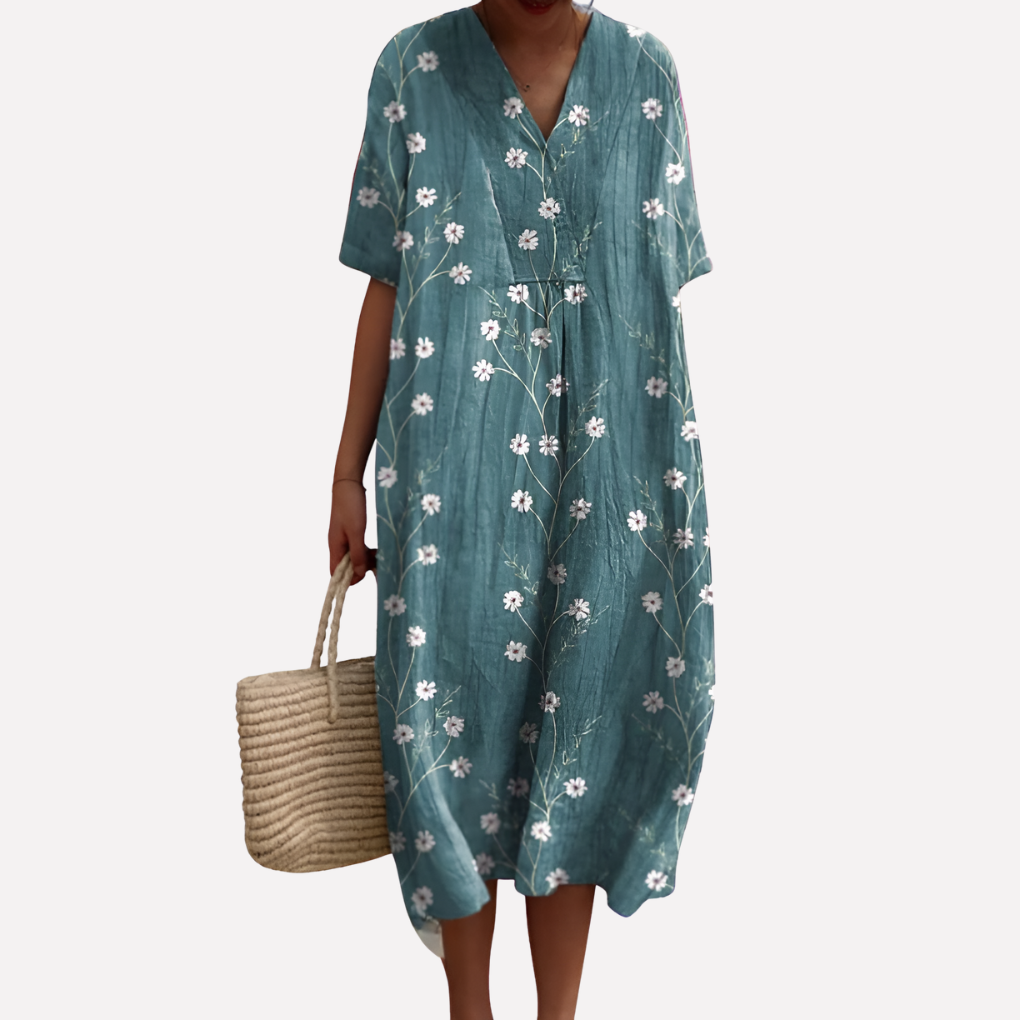 Robe d'été florale pour femmes – Décolleté en V & manches courtes