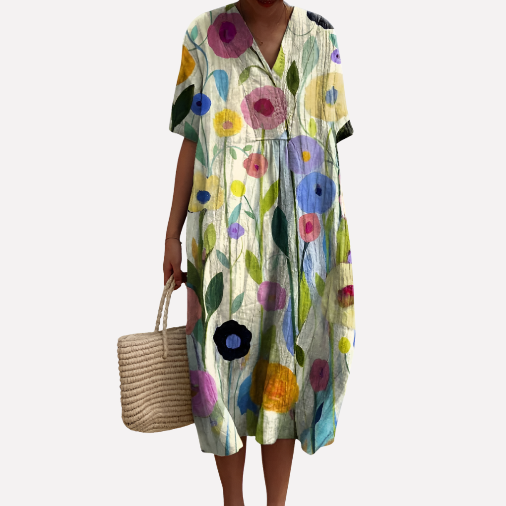 Robe d'été florale pour femmes – Décolleté en V & manches courtes