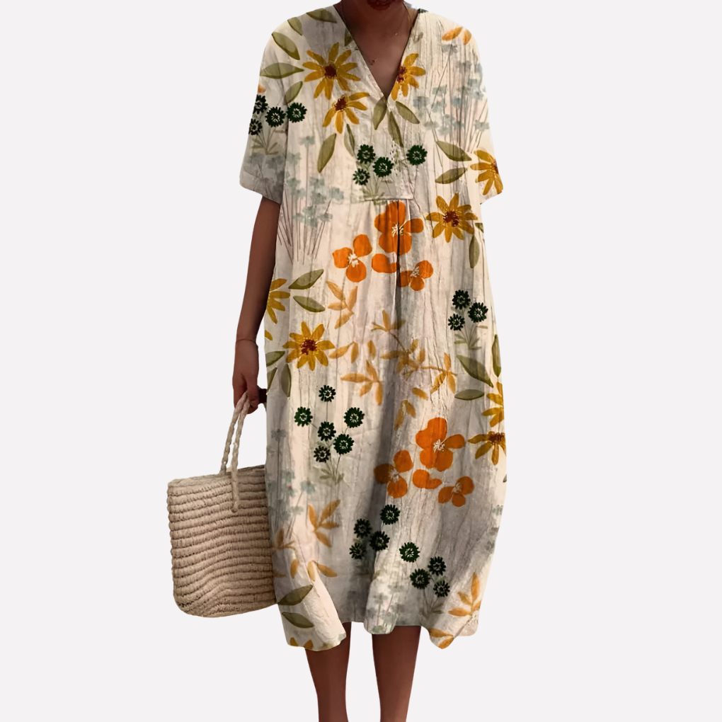 Robe d'été florale pour femmes – Décolleté en V & manches courtes
