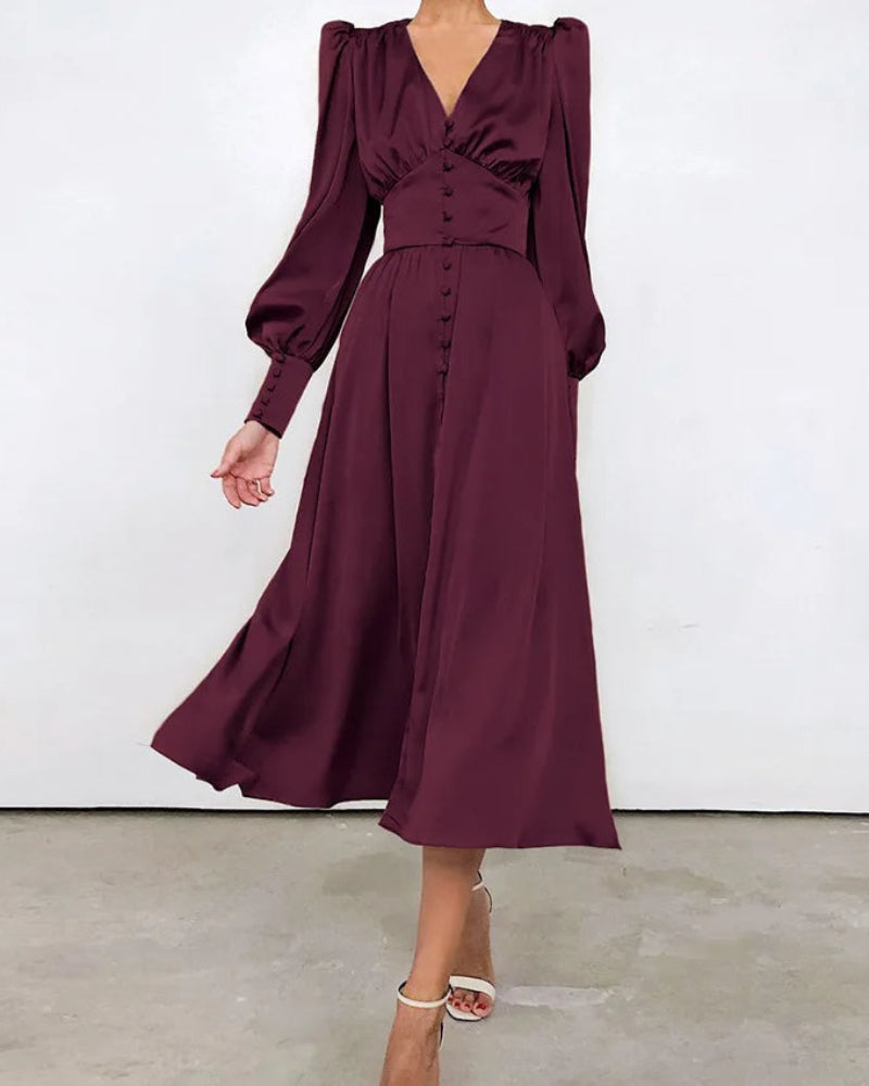 Robe longue élégante en satin à col en V pour femme