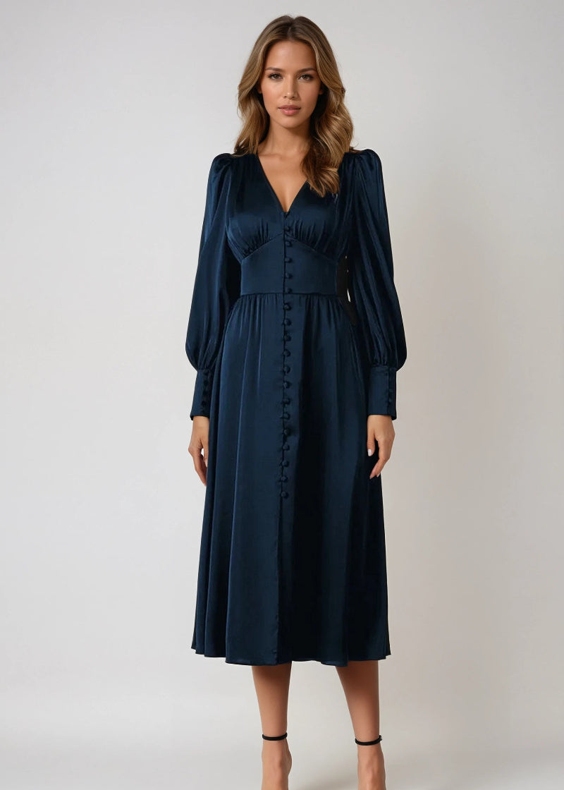 Robe longue élégante en satin à col en V pour femme
