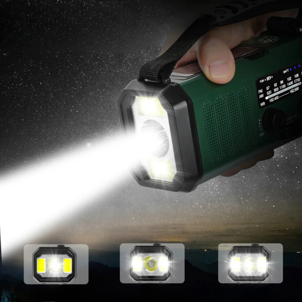 Radio d’urgence avec manivelle, panneau solaire et fonction powerbank