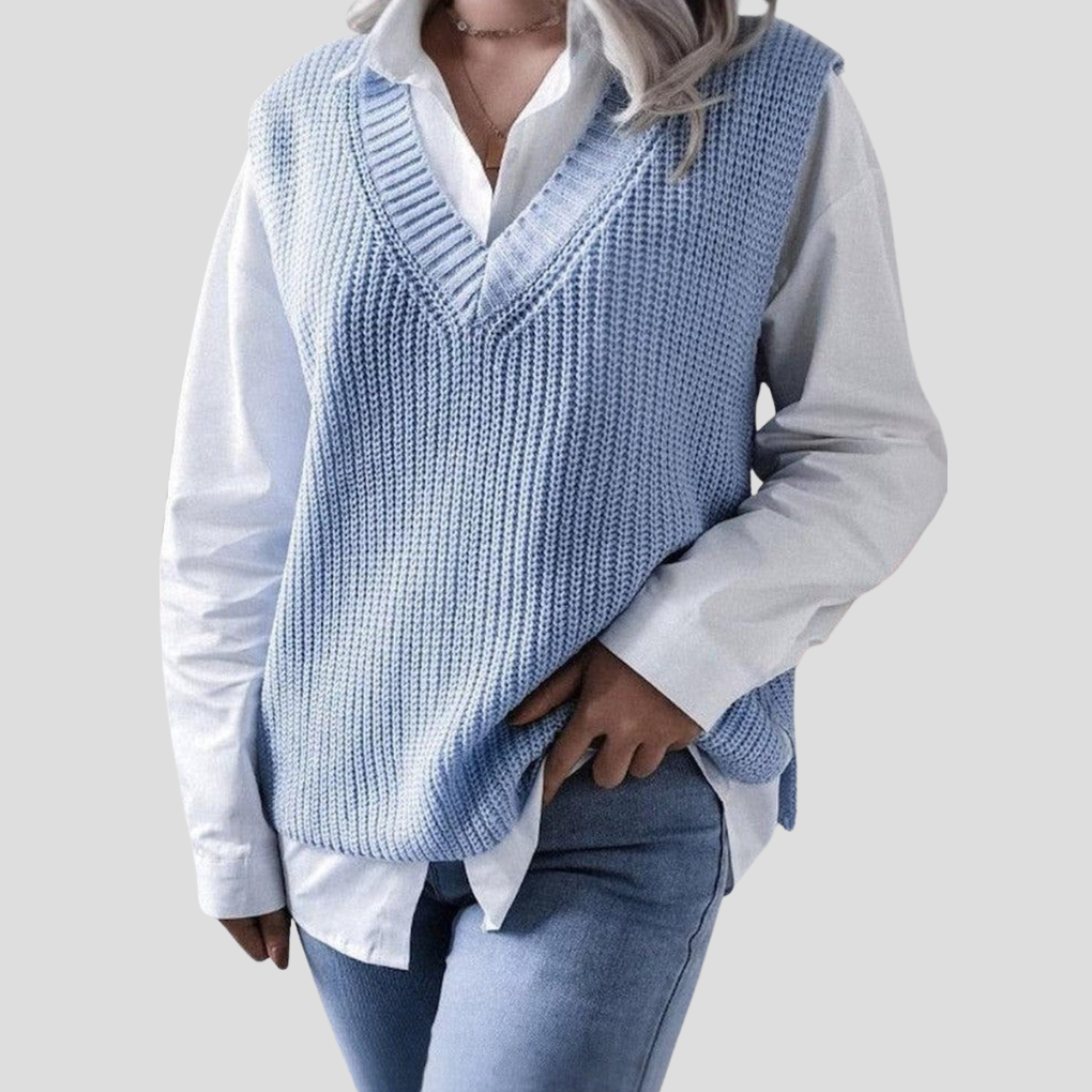 Pull bleu sans manches à col en V pour femme